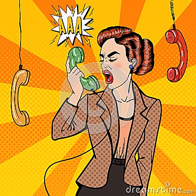 Aggressive Business Woman Screaming into the Phone. Pop Art Vector Illustration