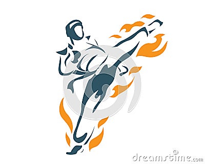 Aggressive Deadly Flying Front Kick Flame Taekwondo Athlete In Action Logo Vector Illustration