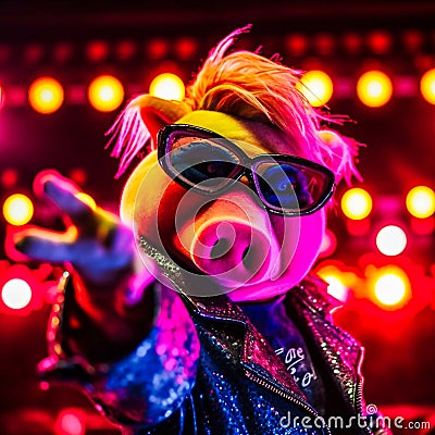 Aggressive devil miss piggy Muppet rock star point, Generative AI Stock Photo