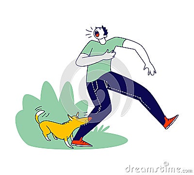 Aggressive Dog Biting Man Leg. Male Character Attacked with Angry Animal on Street Crying and Feel Pain Vector Illustration