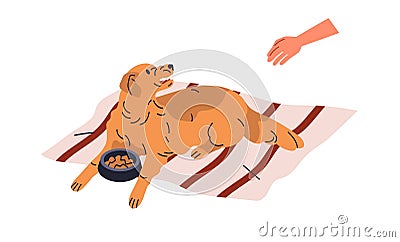 Aggressive dog growling at owners hand, protecting food, feed bowl. Doggy aggression, canine animal psychology problem Vector Illustration