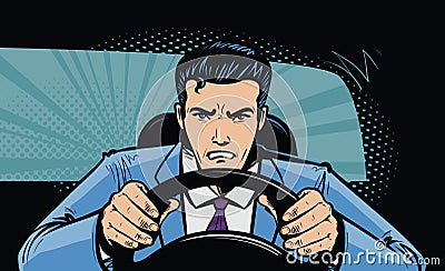 Aggressive driver behind the wheel of car. Race, pursuit in pop art retro comic style. Cartoon vector illustration Vector Illustration