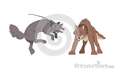 Aggressive Large Dog in Collar Baring Its Teeth in Angry Grin Vector Set Vector Illustration