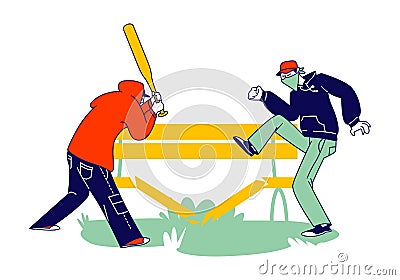 Aggressive Male Characters with Hidden Faces and Baseball Bat Breaking Wooden Bench on Street. Vandalism Vector Illustration