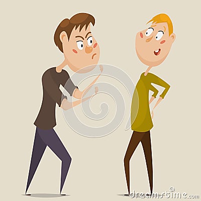 Aggressive man threatening laughing man. Emotional concept of aggression and ignoring. Vector Illustration