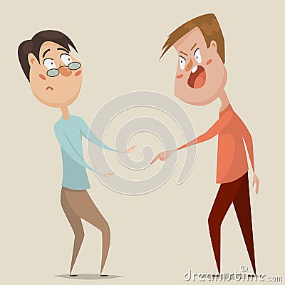 Aggressive man threats and shouts on frightened man in anger. Emotional concept of aggression, tyranny and despotism Vector Illustration