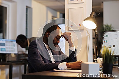 Aggressive manager having problem working at company strategy Stock Photo