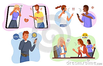 Aggressive messages. Online bullying scenes, angry people network fight and cyberbullying, phone remote pressure and Vector Illustration