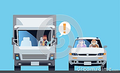 Aggressive truck driver yells at passing car for no reason. Dangerous situation on road. Drivers arguing. Furious Vector Illustration