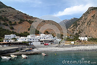 AGIA ROUMELI, CRETE - MAY 24, 2014: The entrance or exit point to the Samaria Gorge hike Editorial Stock Photo