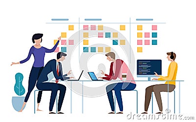 Agile business team of programmer working and make some planning on the scrum board. Whiteboard and process teamwork Vector Illustration
