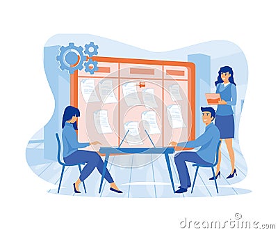 Agile business team of programmer working and make some planning on the scrum board. Vector Illustration