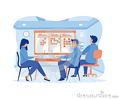 Agile business team of programmer working and make some planning on the scrum board. Vector Illustration