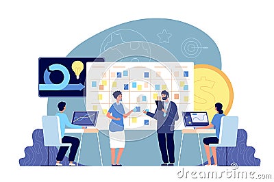 Agile development project. Business management, brainstorm and task board. Company scrum working methodology, office Vector Illustration