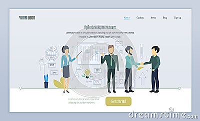 Agile development team. Teamwork, on projects. Development in high-level languages. Vector Illustration
