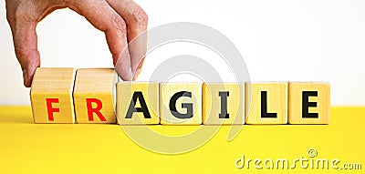 Agile or fragile symbol. Concept words Agile and Fragile on wooden cubes. Beautiful yellow table white background. Businessman Stock Photo