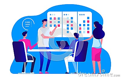 Agile management team. Vector business team meeting and scrum task board. People are planning work process Vector Illustration