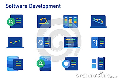 Agile methodology software development icon set collection of code programming using sprint kanban board and burn down Vector Illustration