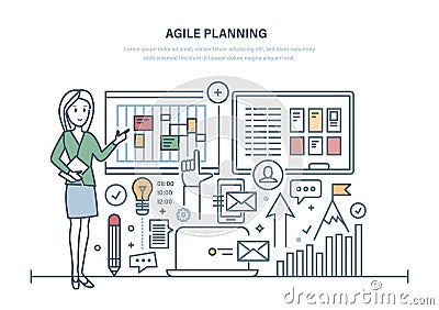 Agile planning of business, organization of working time, team management. Vector Illustration