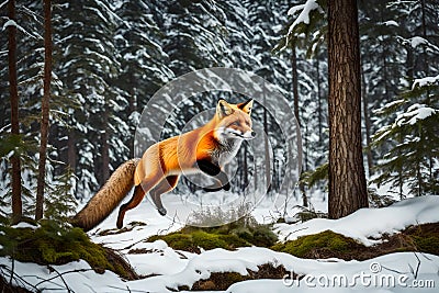 An agile red fox executing a graceful leap as it hunts for prey in a pristine boreal forest landscape Stock Photo