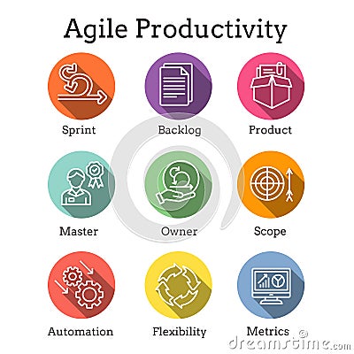 Agile Scrum Process, development w icon set Vector Illustration