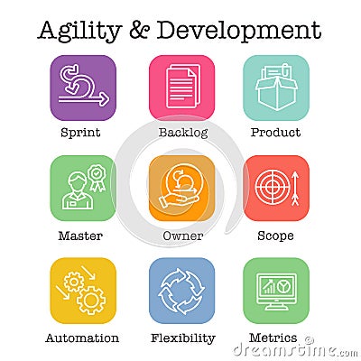 Agile Scrum Process, development w icon set Vector Illustration