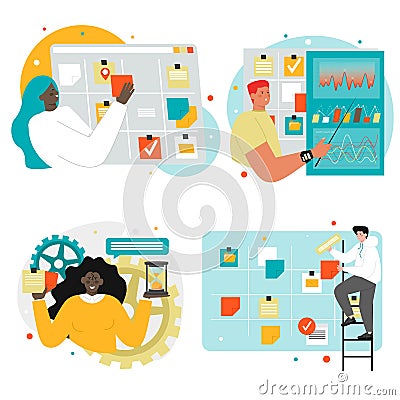 Agile software development characters, vector illustration. kanban task board, agile project management, kanban method. Vector Illustration