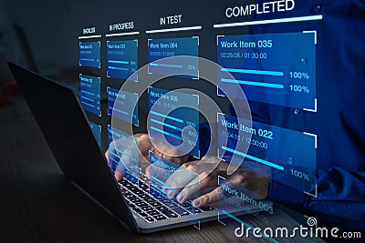 Agile software development with developer using Kanban board framework methodology on computer. Devops team, project management Stock Photo