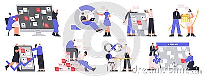 Agile software development team, devOps, kanban board, scrum sprint scheme. IT software development team workflow vector Vector Illustration