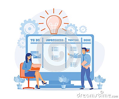agile visual project team work management method. the programming team moves the cards on the electronic kanban task board Vector Illustration