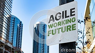 Agile Working Future Worn Sign in Downtown city setting Stock Photo