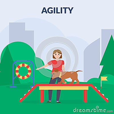 Agility. Dog training park with sport equipment. A woman training dog. Cynology. Flat vector. Vector Illustration