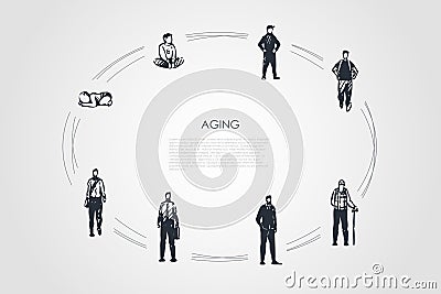 Aging - different stages of man age from infance, childhood boy to adult and old man vector concept set Vector Illustration