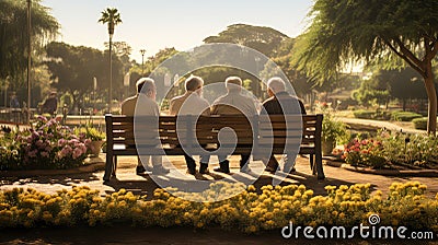 aging seniors on bench Cartoon Illustration