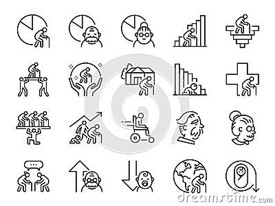 Aging society line icon set. Included the icons as senior citizen, old people, population, Birth rate, and more. Vector Illustration