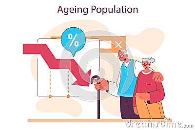 Aging society and low birth rate in developed countries set. Workforce Vector Illustration