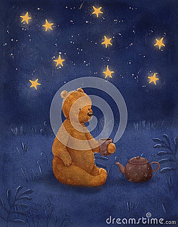 Watercolor drawing of a bear drinking tea at night under the stars Stock Photo