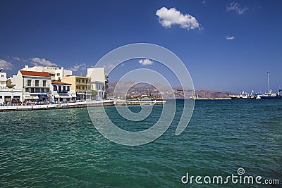 Agios Nikolaos is a popular tourist town in Crete. Beach, hotels and tourist attractions in the city. Beautiful Greek coast Editorial Stock Photo