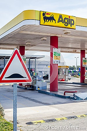 Agip logo on its gas service station Editorial Stock Photo
