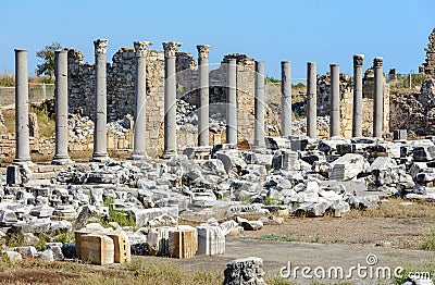 Agora in Side. Antique market square. Columns, fragments of the ancient city. Ruin. Amphitheater. Turkey Stock Photo