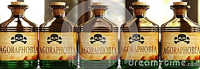 Agoraphobia can be like a deadly poison - pictured as word Agoraphobia on toxic bottles to symbolize that Agoraphobia can be Cartoon Illustration