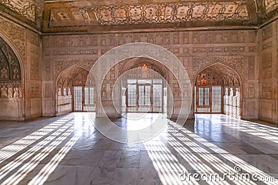 Agra Fort interior royal palace room with medieval artwork and stone carvings at Agra India Stock Photo