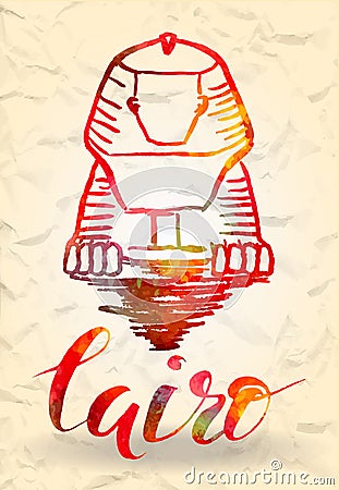 Agra watercolor label with hand drawn Cairo label with hand drawn Sphinx, lettering Cairo Vector Illustration