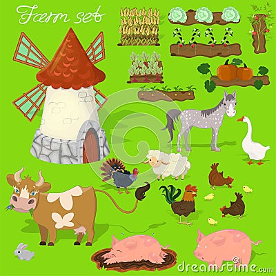 Farm animals - cow, pig, sheep, horse, rooster, chicken, turkey, chicken, goose, rabbit. Agraculture and mill. Cute cartoon in Cartoon Illustration