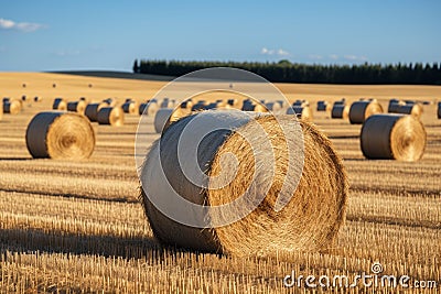 Agrarian landscape Hay bales scattered across a golden field Stock Photo