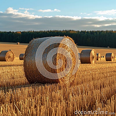 Agrarian landscape Hay bales scattered across a golden field Stock Photo