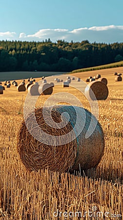 Agrarian landscape Hay bales scattered across a golden field Stock Photo