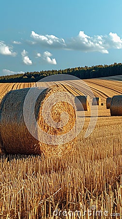 Agrarian landscape Hay bales scattered across a golden field Stock Photo