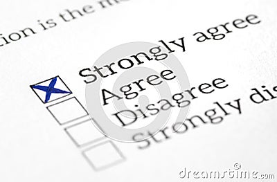 Agree box checked in opinion poll, survey and questionnaire. Happy and positive answer. Stock Photo