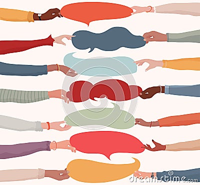 Agreement or affair between a group of colleagues or collaborators.Diversity People who exchange information.Arms and hands Stock Photo